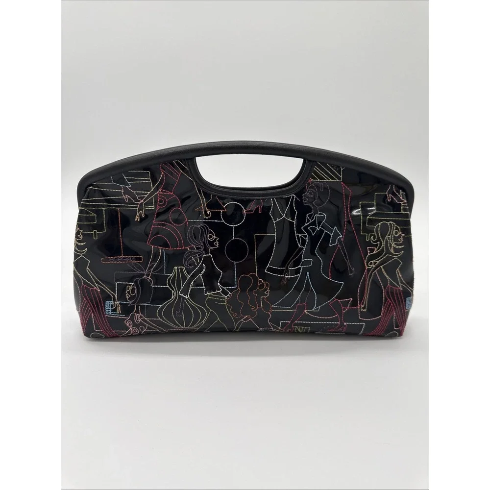 Y2K BCBGirls Clutch Mini Bag Womens Black Patent Leather Embroidered Vintage Mod